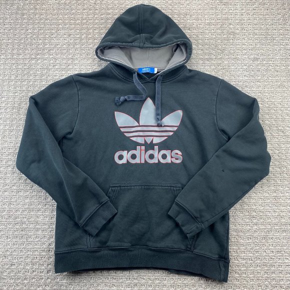 Adidas Sweater Women Large L Black Hoodie Pullover Sweatshirt Gray Red Logo - Picture 1 of 8